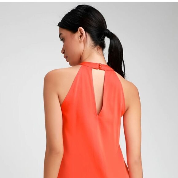NWT Lulus Fabiola Coral Orange Embroidered Halter Shift Dress S - Picture 3 of 14